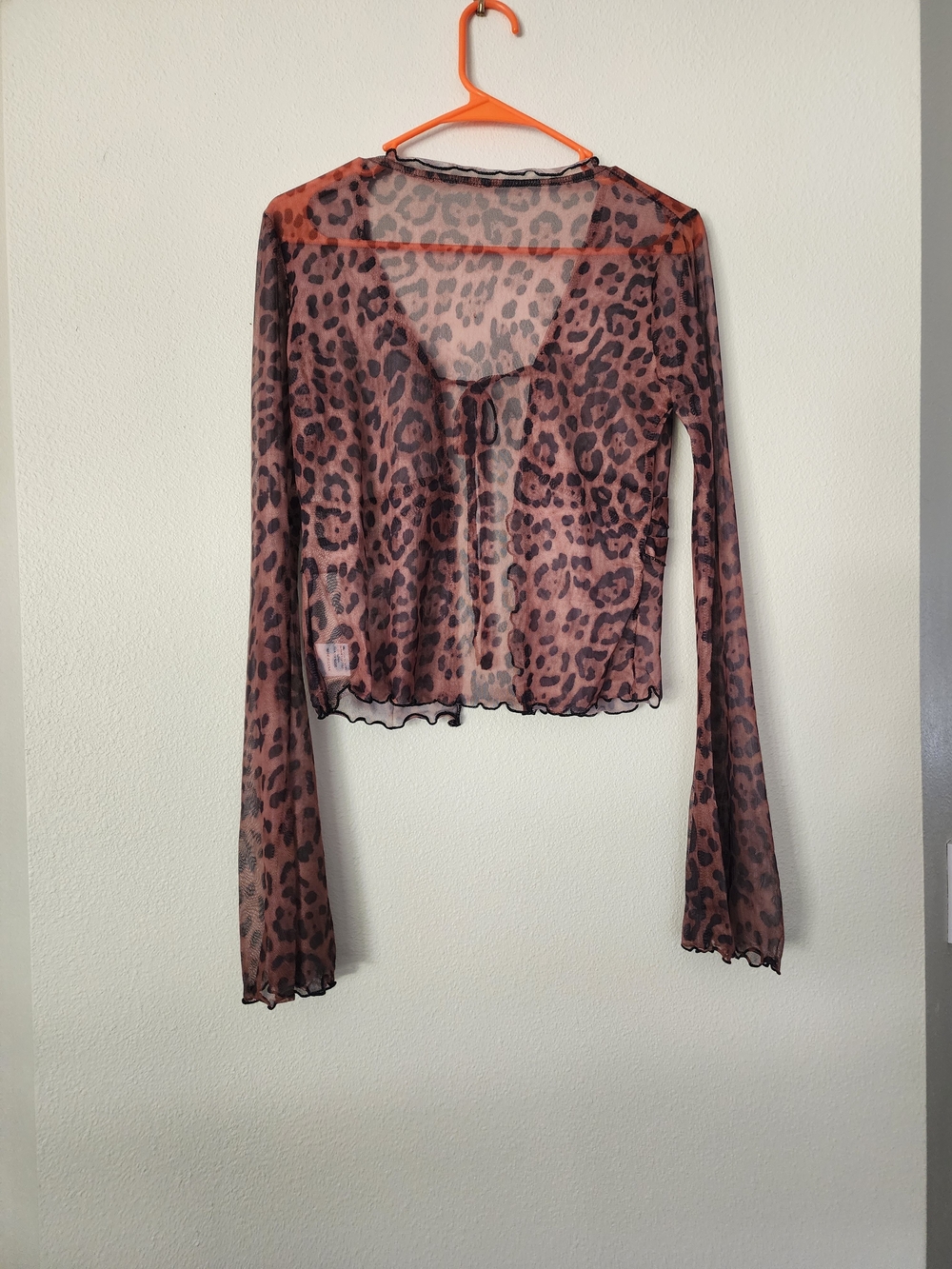 Leopard Print Sheer Long Sleeve Crop Top - Brown